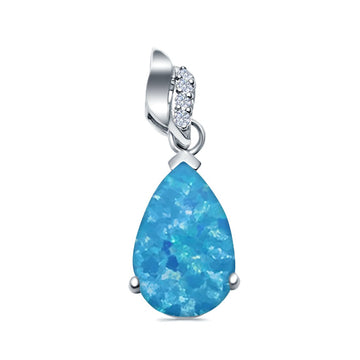 Pear Shape Lab Created Blue Opal Simulated CZ 925 Sterling Silver Charm Pendant